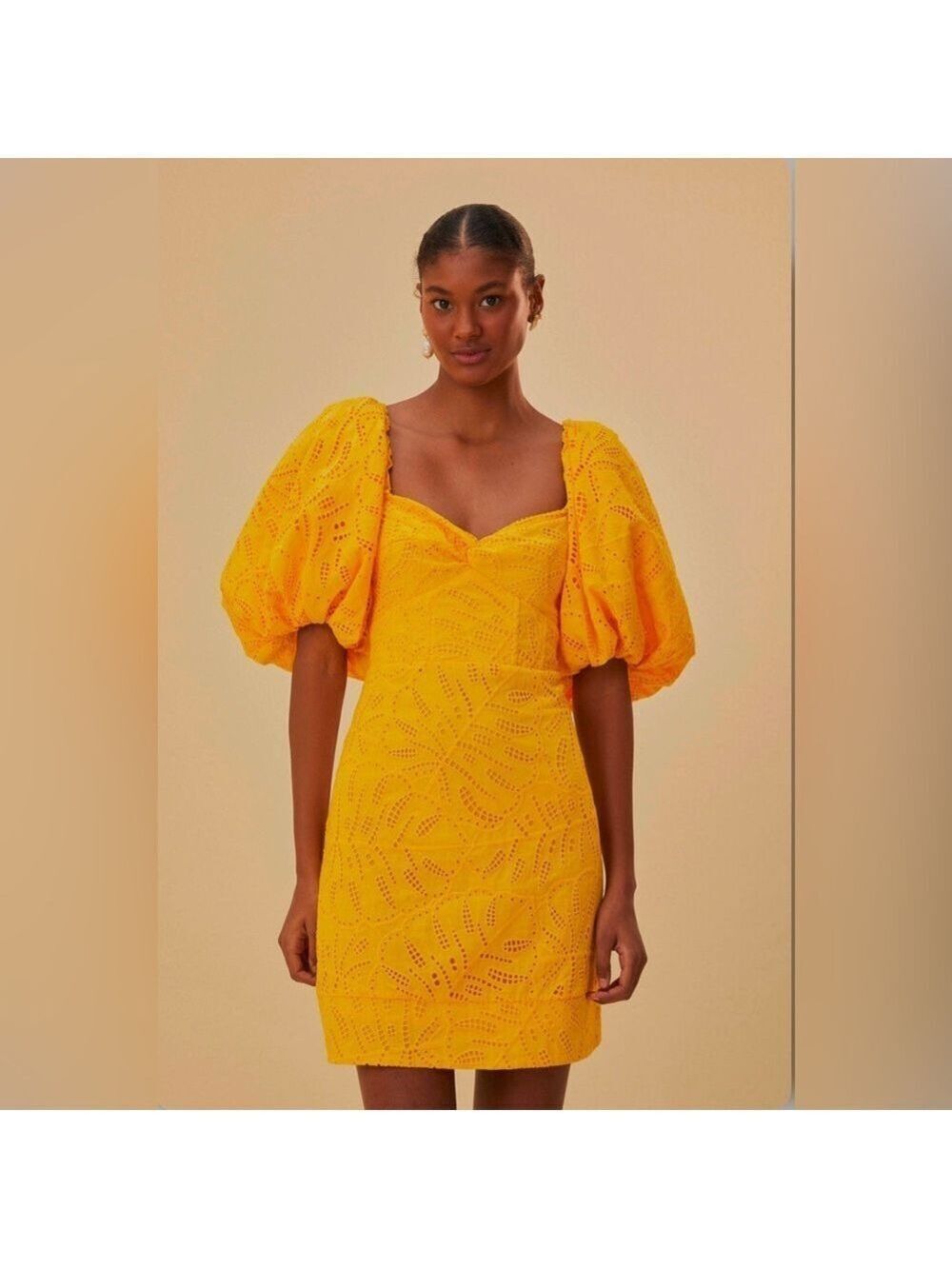 Farm Rio Yellow Monstera Eyelet Short Sleeve Mini Dress